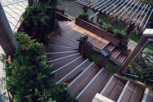 Escalier en bois intégré à un jardin végétalisé